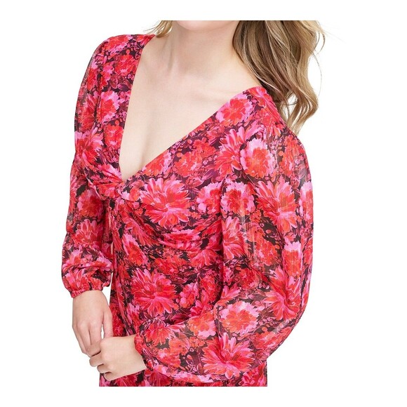 Guess Women's Floral-Print Faux-Wrap Dress Midi Dress, Dark Pink , Size 8 - Picture 3 of 7